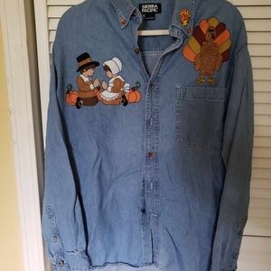 Long Sleeved Holiday Themed Denim Shirt